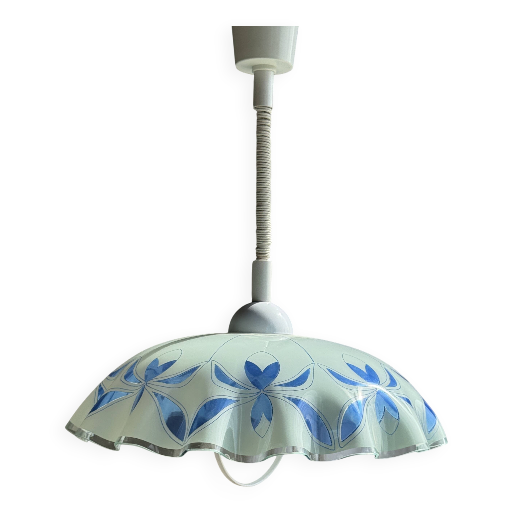Vintage suspension in white and blue glass with wavy edge D46 H53