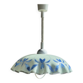 Suspension vintage en verre blanc et bleu à bord ondulé D46 H53