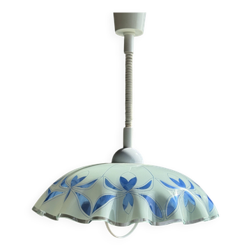 Vintage suspension in white and blue glass with wavy edge D46 H53