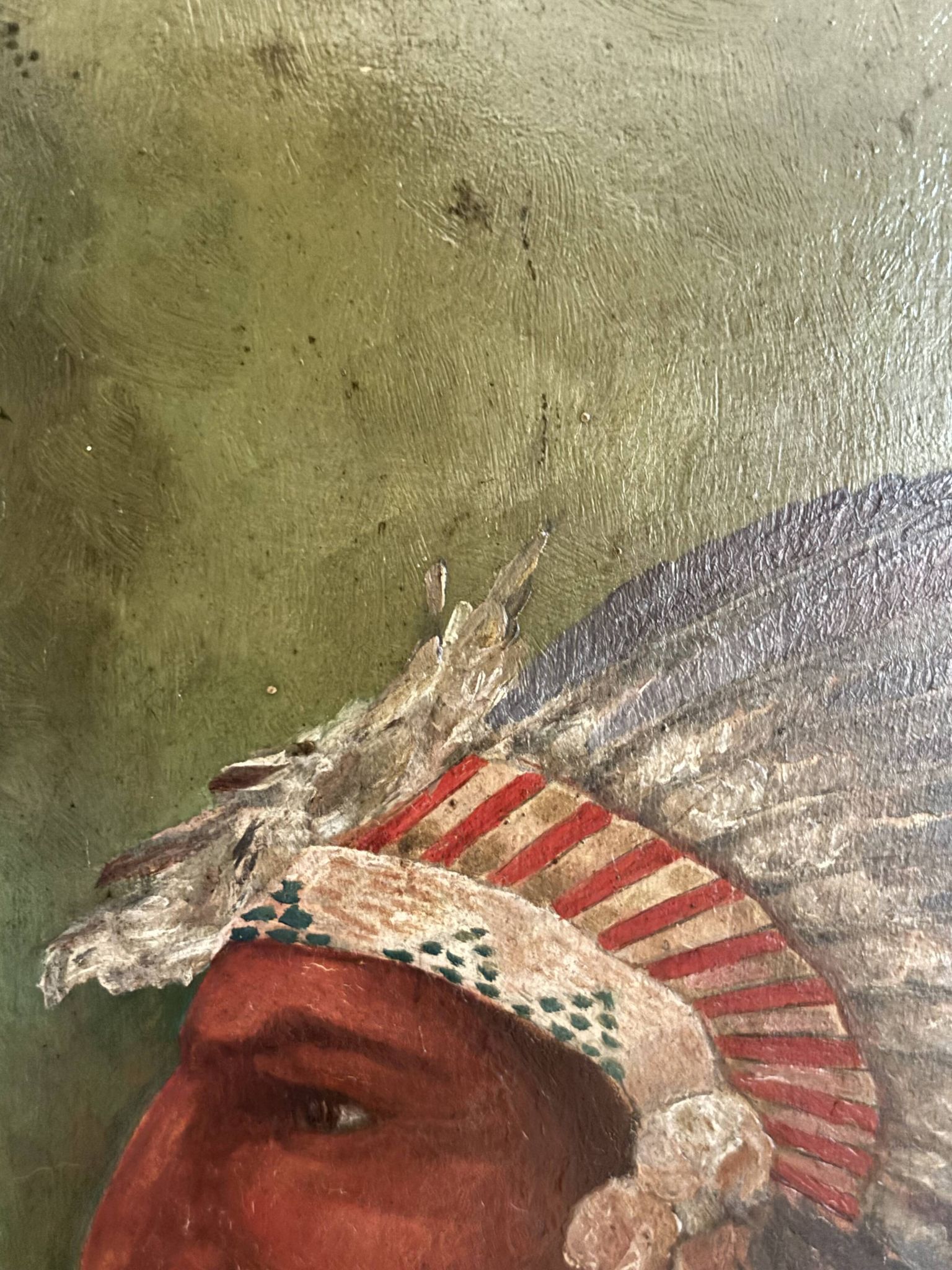 Old oil painting on panel of a Native American chief from the 19th century Wild West.