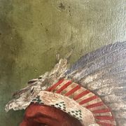 Old oil painting on panel of a Native American chief from the 19th century Wild West.