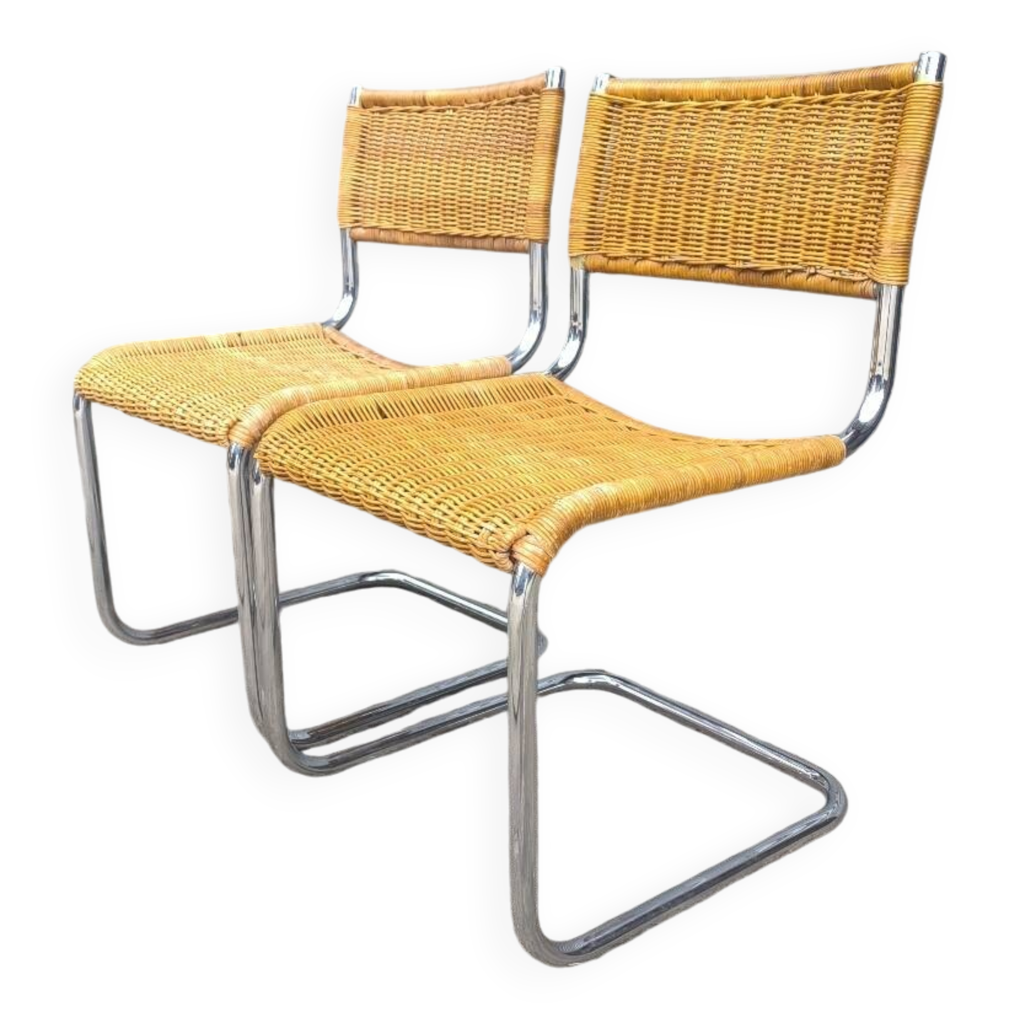 Pair of rattan and chrome-plated metal chairs, 1970