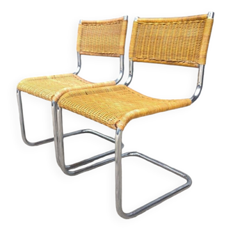 Pair of rattan and chrome-plated metal chairs, 1970