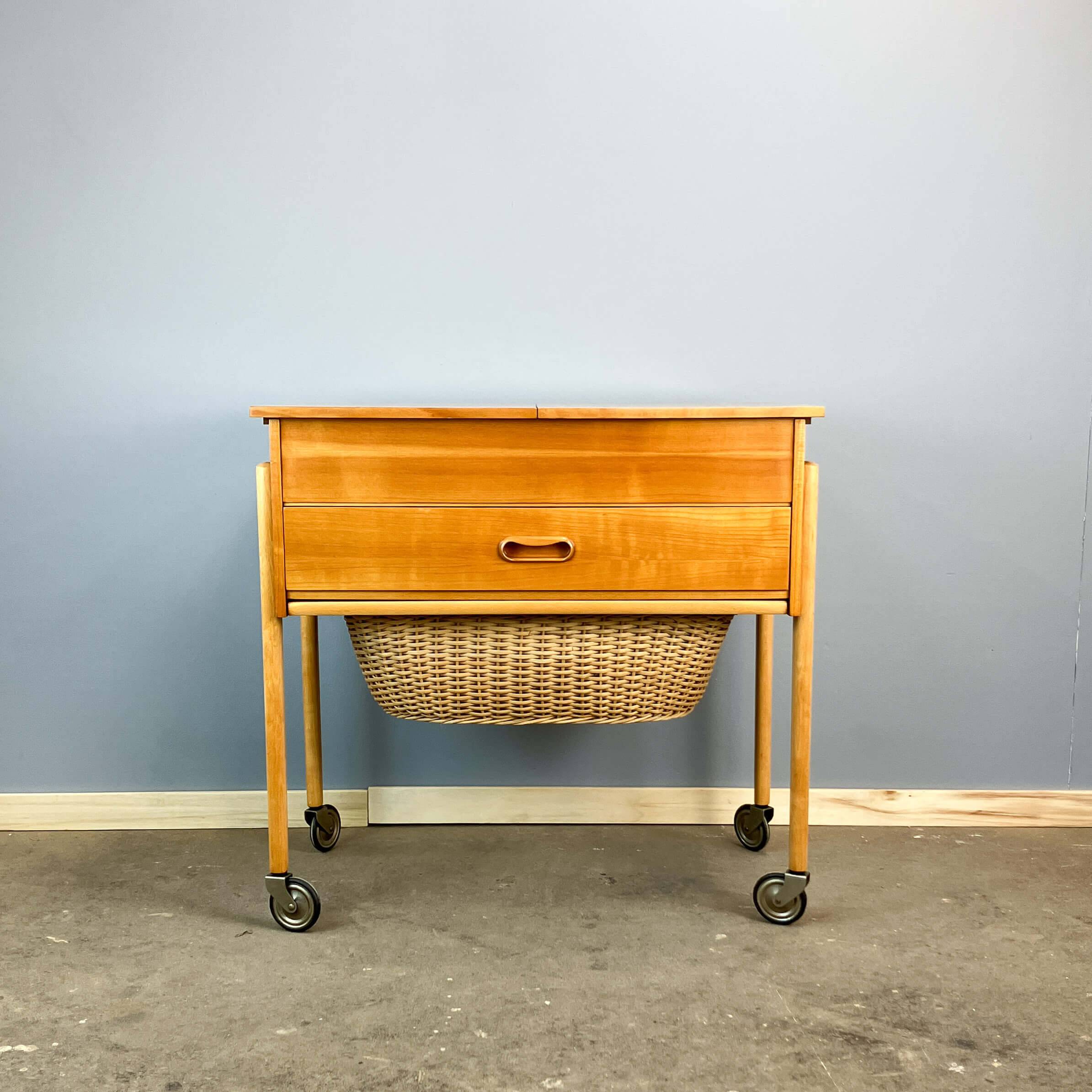 Wheeled sewing box, pear wood, beech, wicker, 1960s