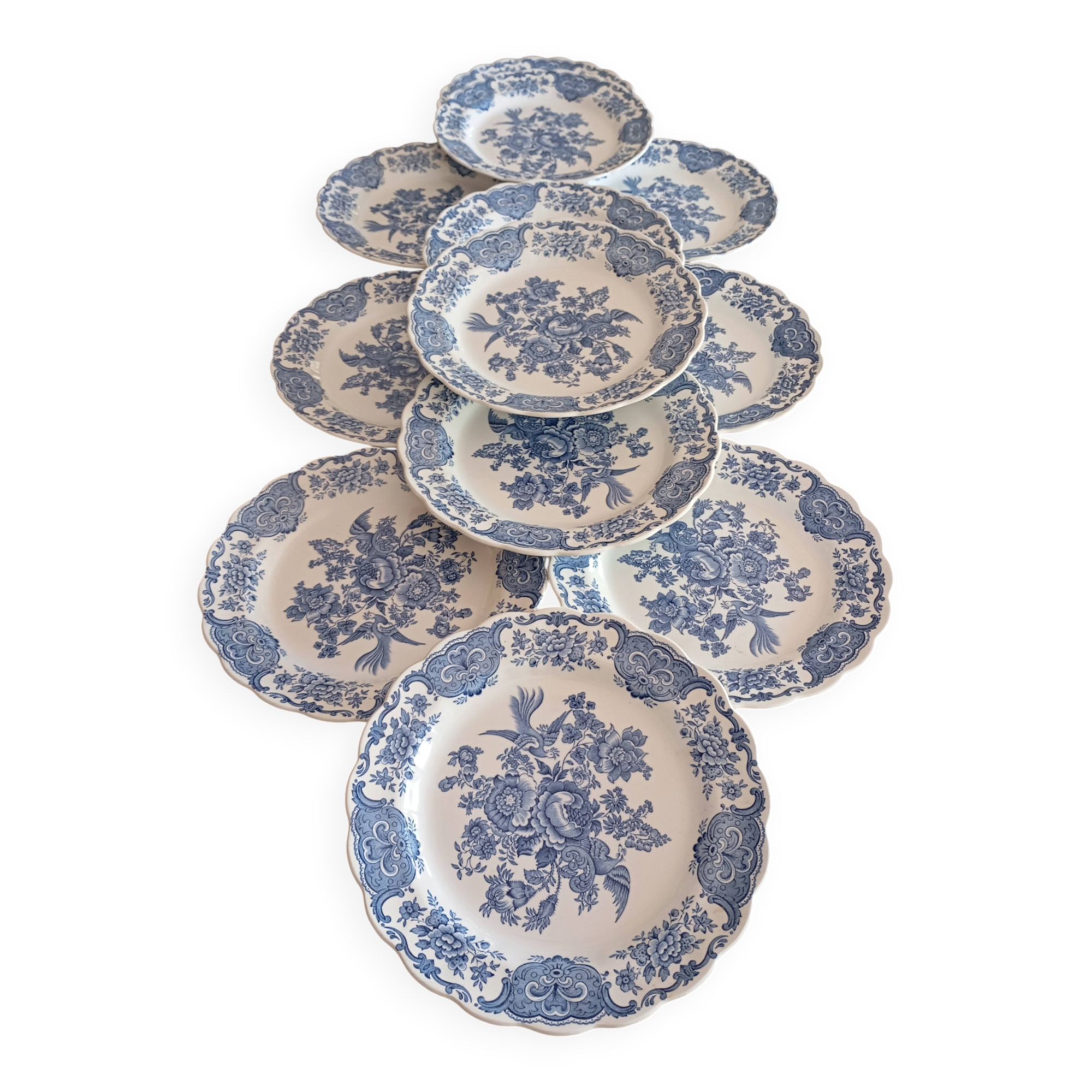 Assiettes plates anglaises Ridgway 'Windsor' bleu & blanc