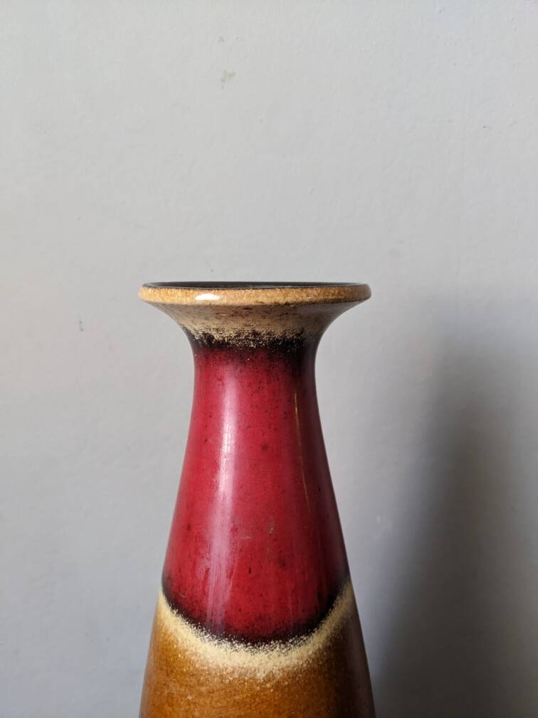 West German ceramic vase, country decoration, brown & red