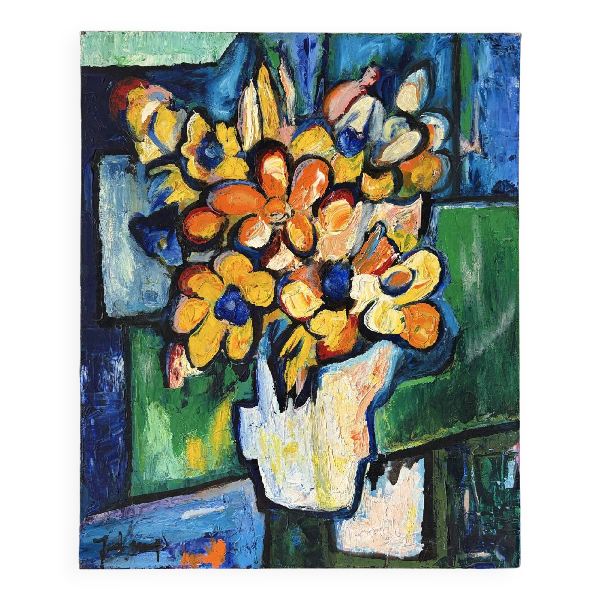 Modern bouquet and stained glass, knife oil signed