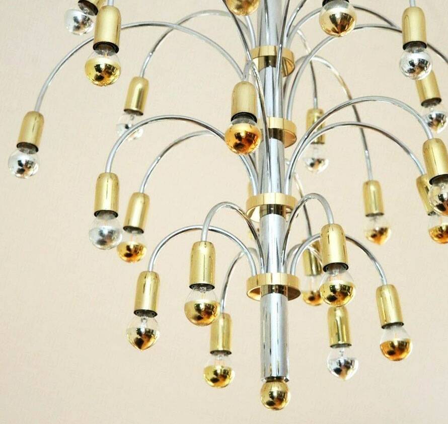 Post-modernist 24-light chandelier in chrome and gold metal, Germany 1970s
