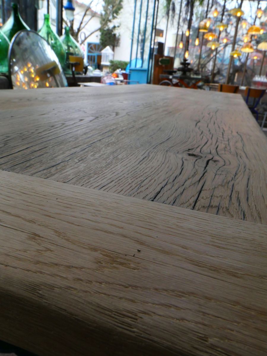 Industrial table solid oak tray and cast-iron footing