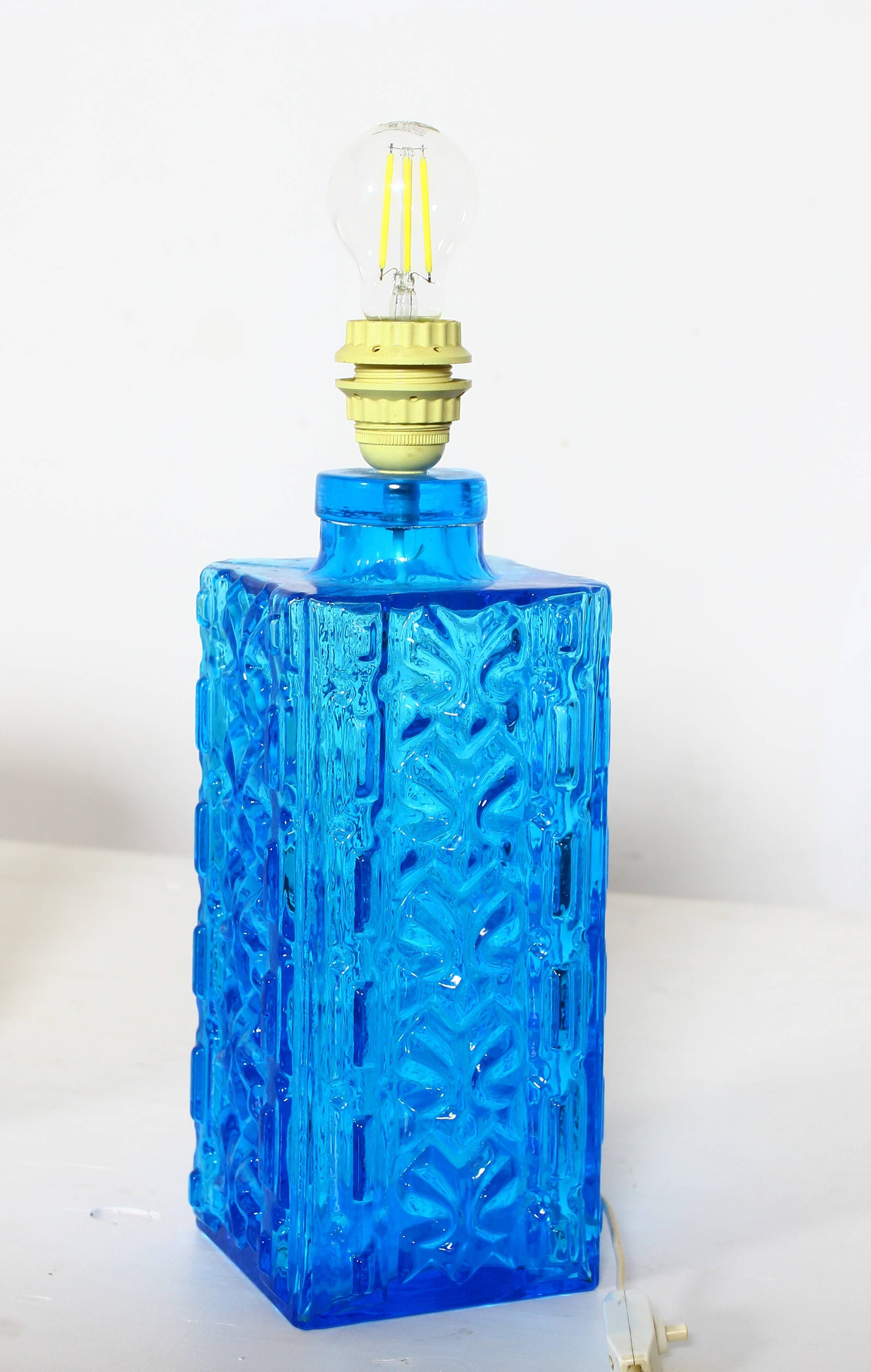 Vintage 1960s table lamp in azure blue pressed glass for Orref.