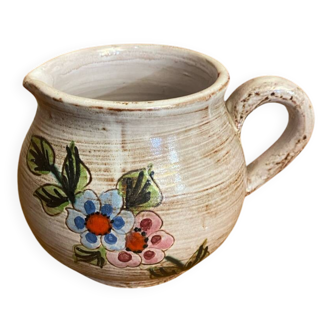Antique vallauris ceramic pitcher, beige, chiseled floral decoration, vintage #d