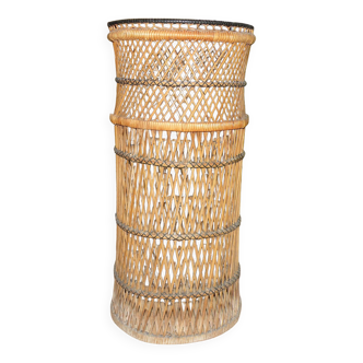 Colonne Porte plante 72 cm, cache pot en osier et rotin des années 1950, 60