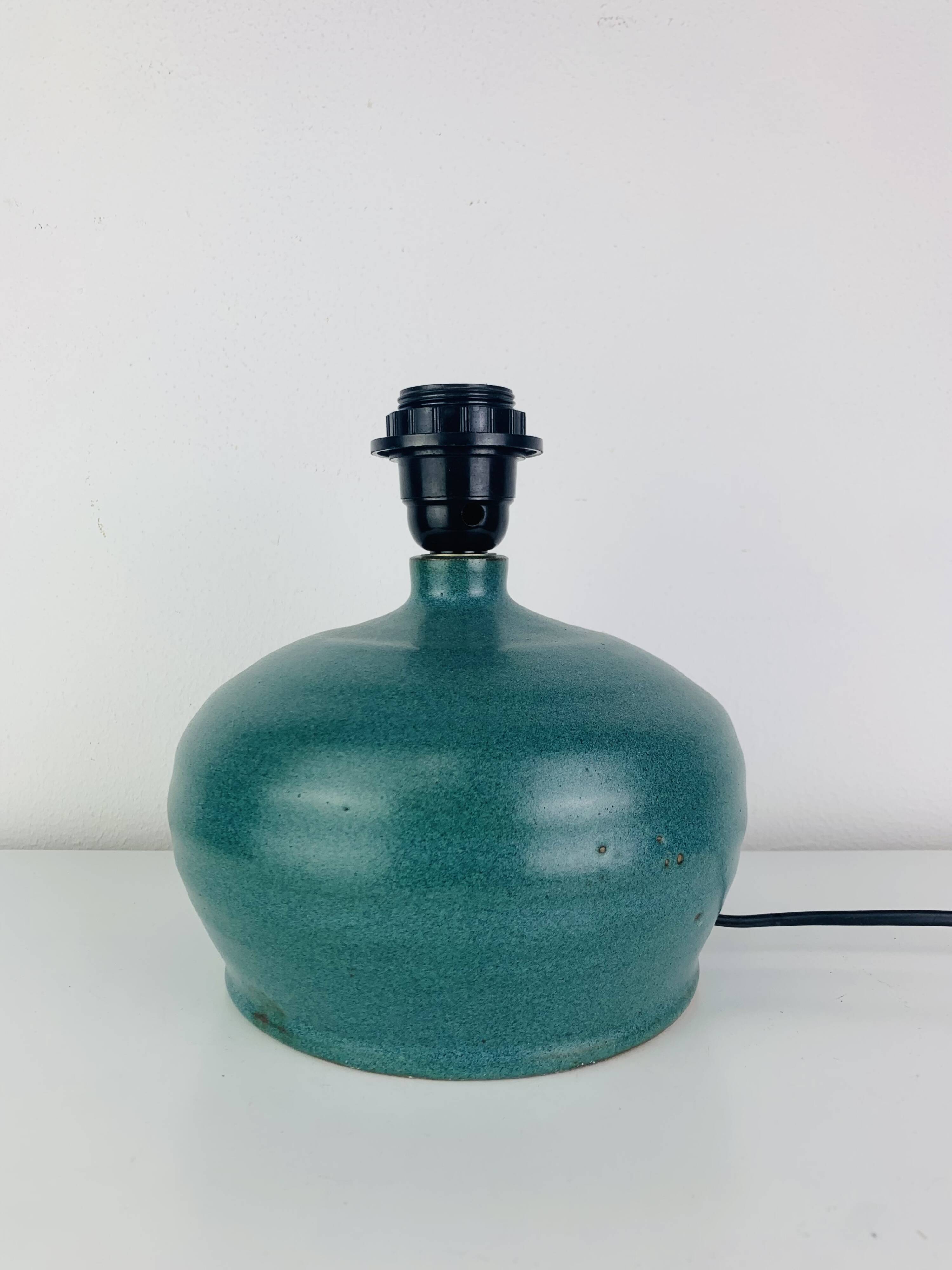 Ceramic green/blue globe lamp, rattan shade, vintage