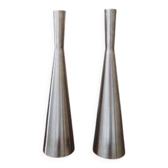 Pair of vintage brushed metal candlesticks