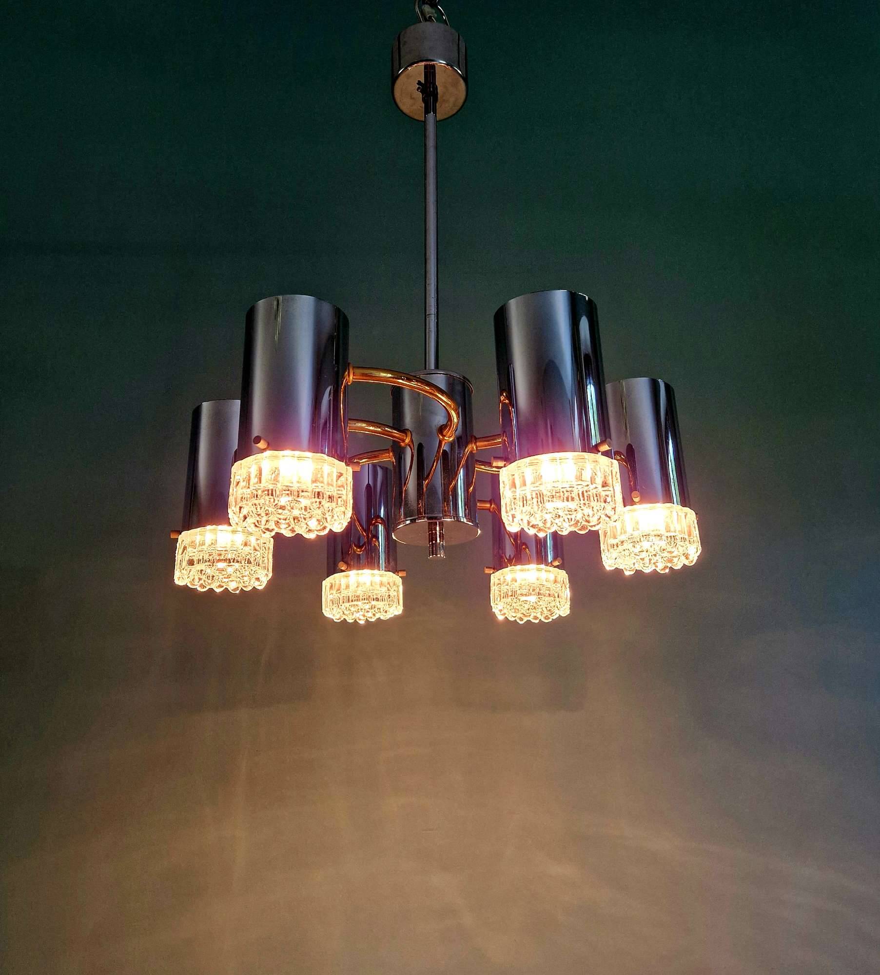 Chrome and brass Space Age chandelier, 1970s.