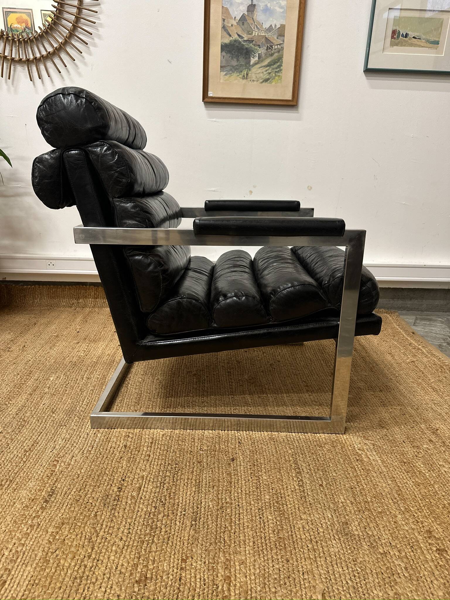 Vintage 1970s black leather armchair – metal frame