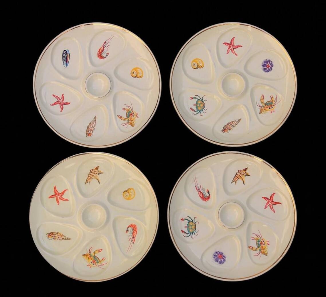 Vintage cream oyster plates Salins France seafood marine decor