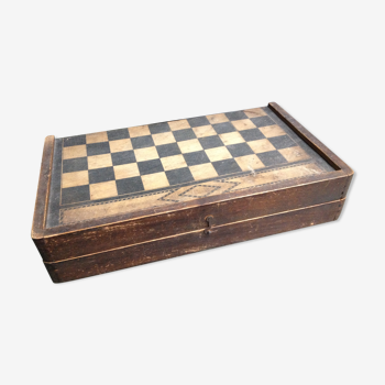 Coffret jeu ancien de backgammon et de dames en bois