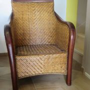 Set of 2 armchairs in woven rattan and exotic wood, 1980s