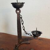 Brutalist double wrought iron candlestick holder