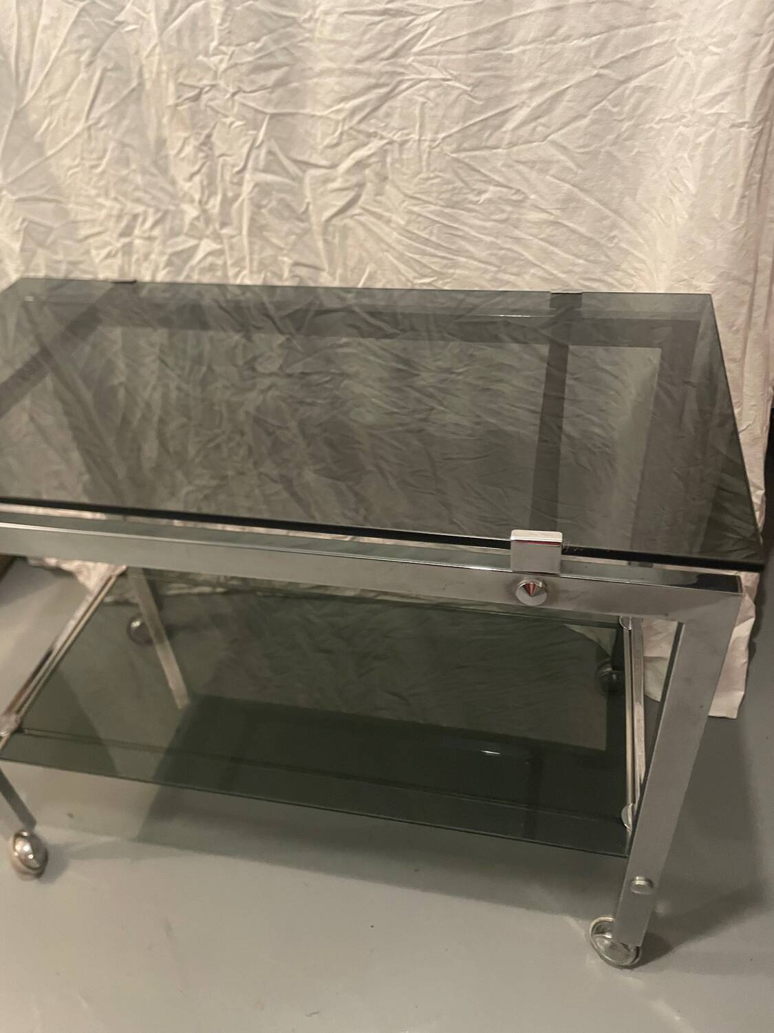 Vintage chrome serving cart/rolling table with smoked grey glass, circa 1970