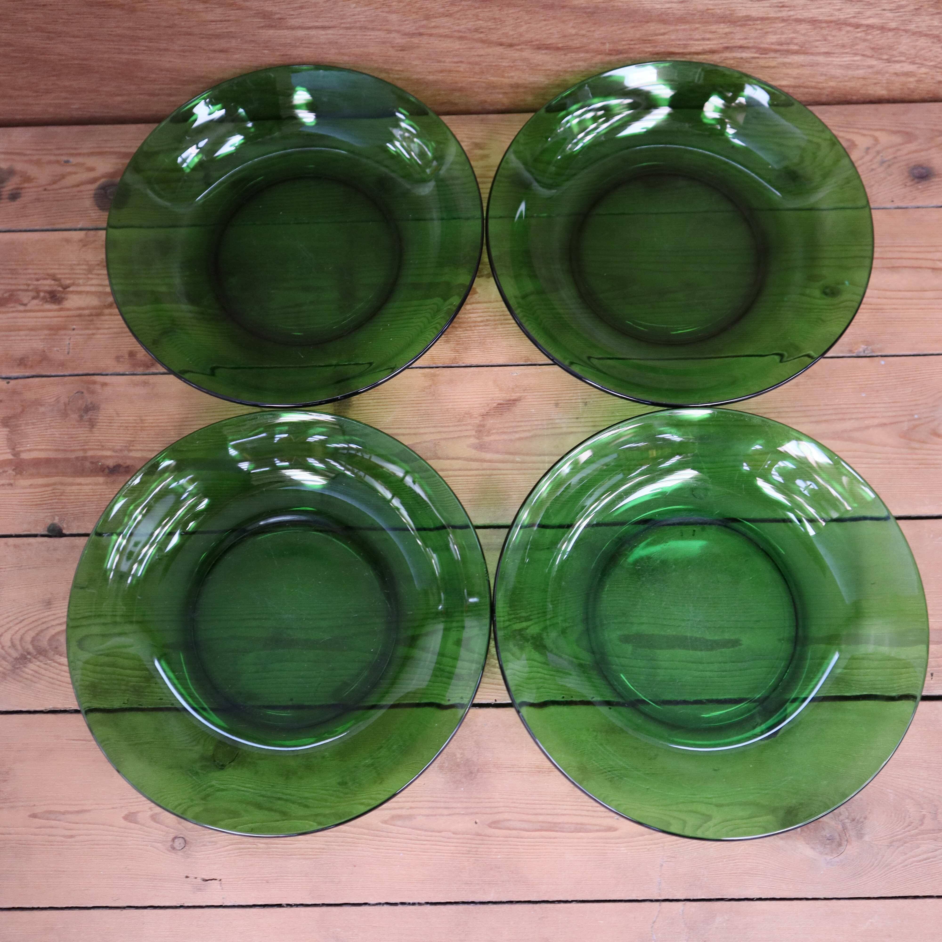 4 vintage green tempered glass soup plates Vereco France