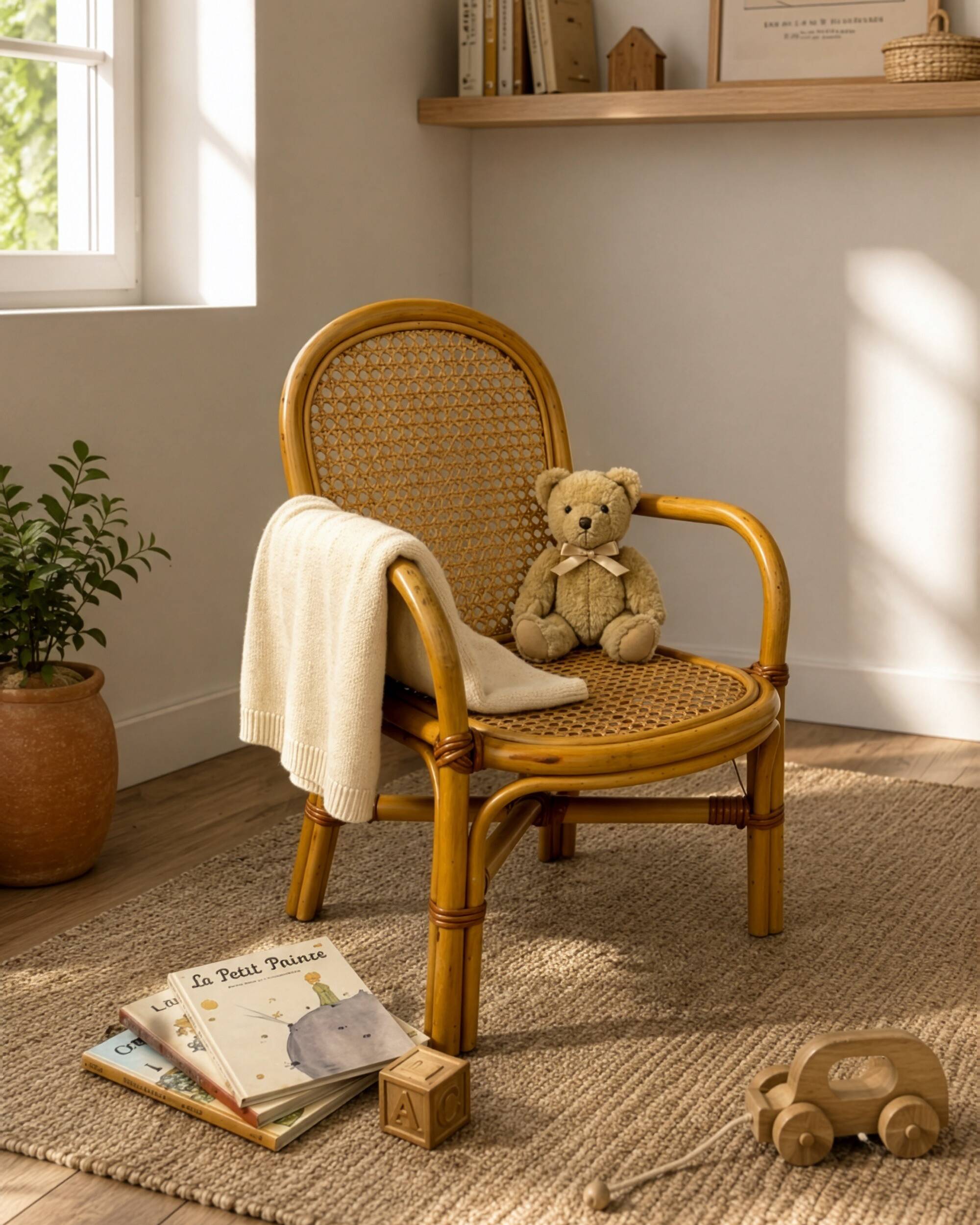 Child's armchair in rattan and caning from the 1960s.