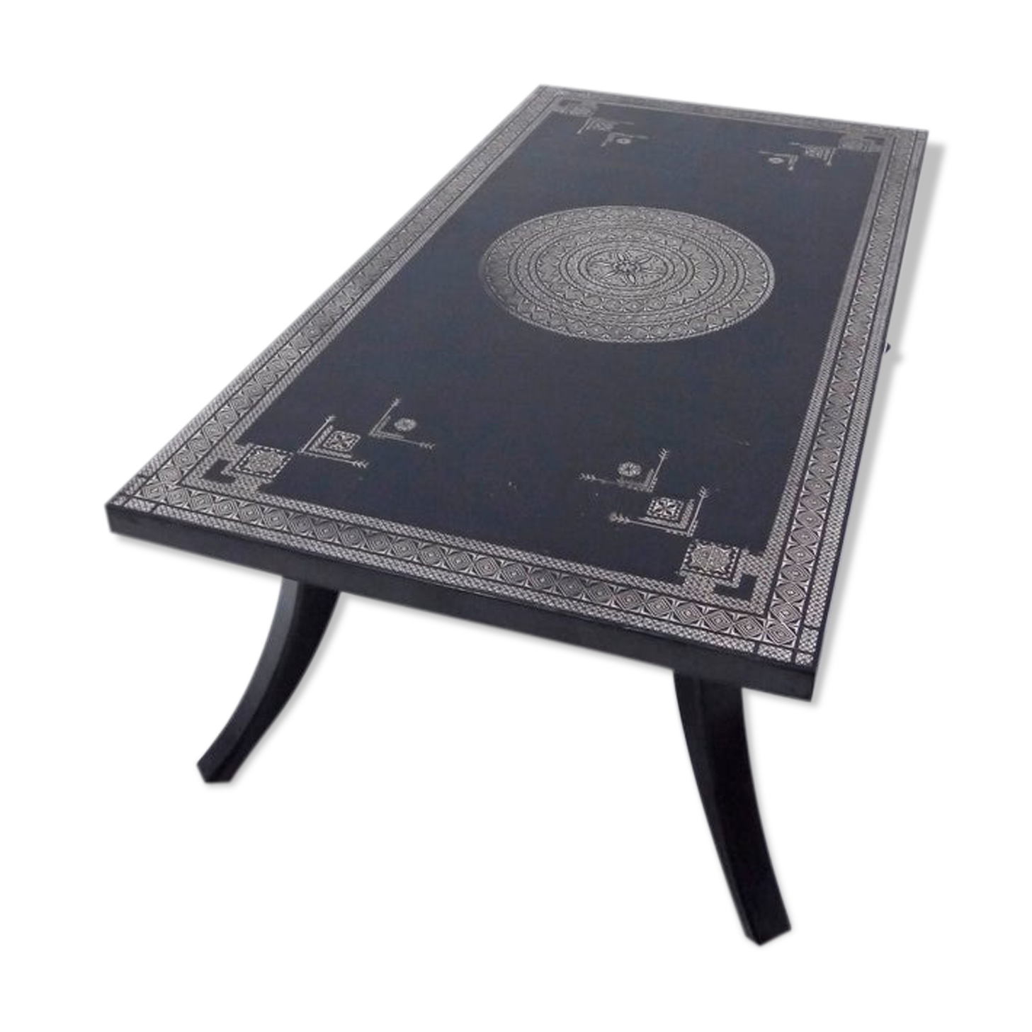 Antique wooden coffee table painted in black and incised with white painted decorations, Ettore Zaccari, Italy c 1910