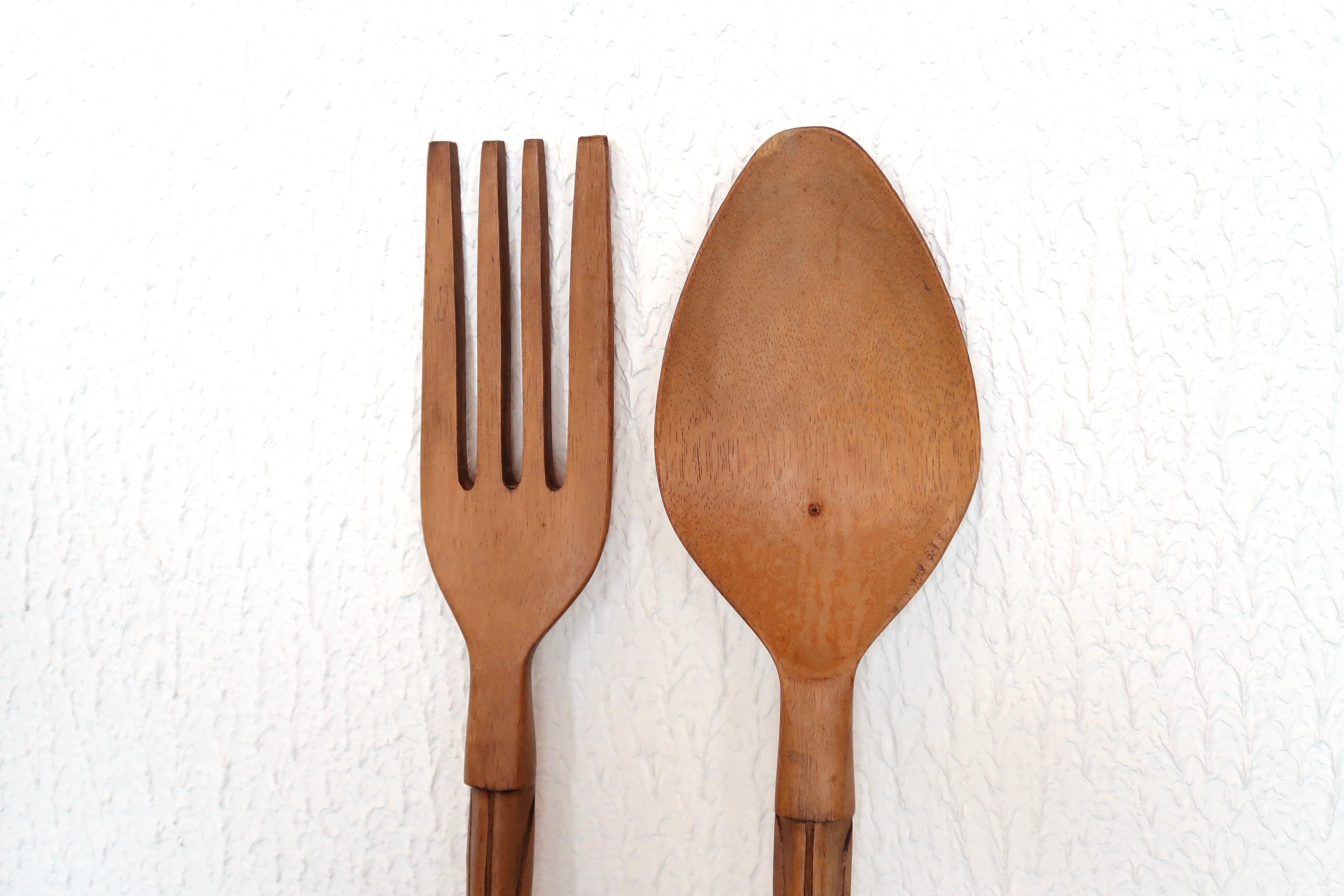 Giant wooden totem-style cutlery, 60s