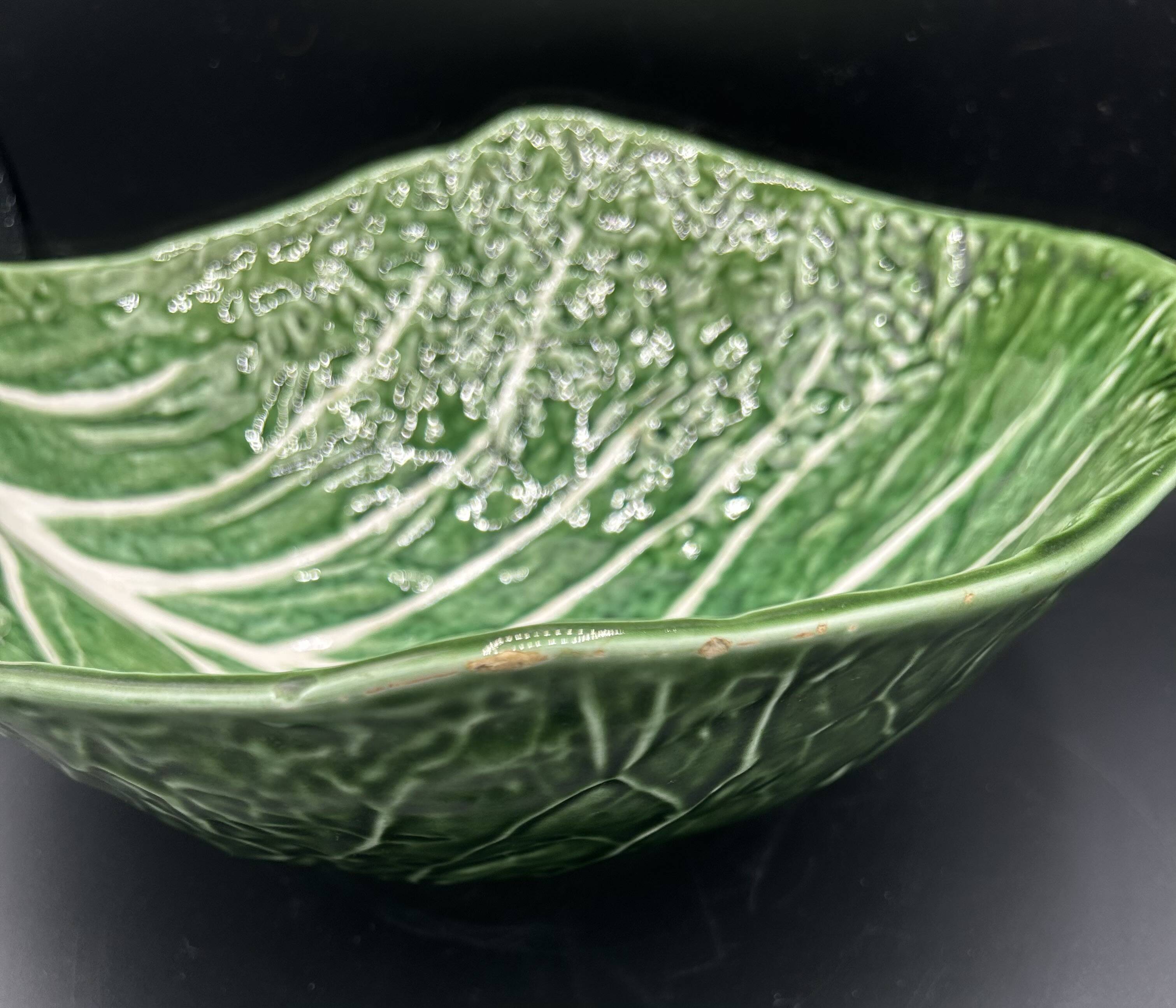Large Salad Bowl Barbotine Cabbage Leaf - Portugal Vintage P.777A