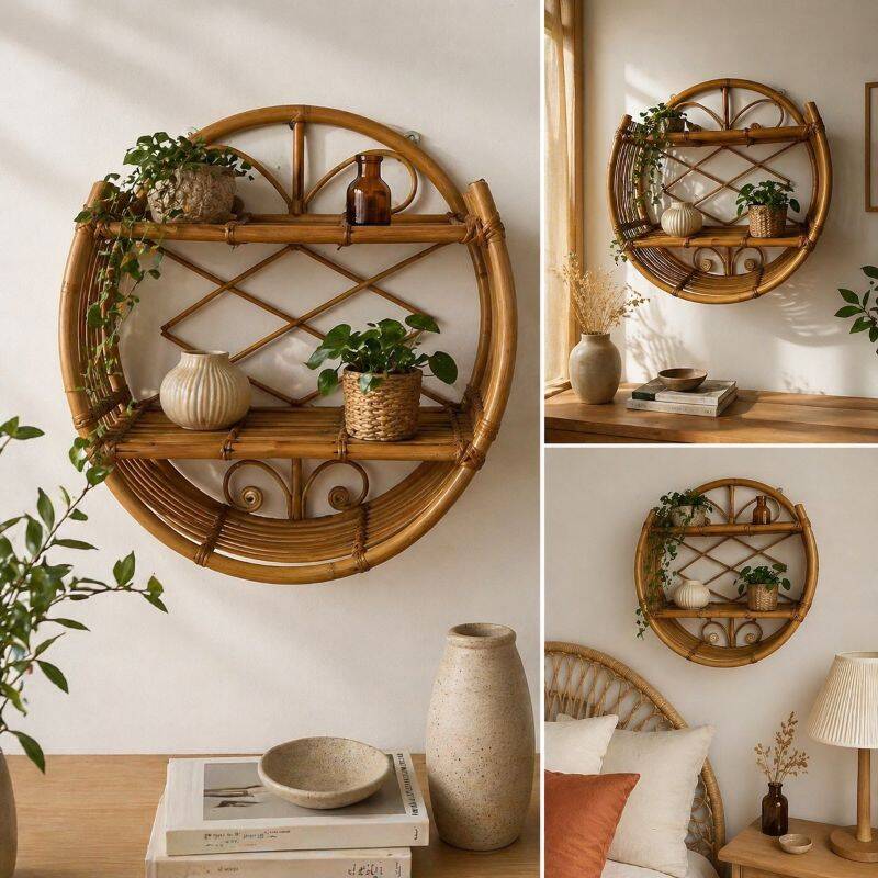 Vintage round rattan wall shelf – 70s bohemian style
