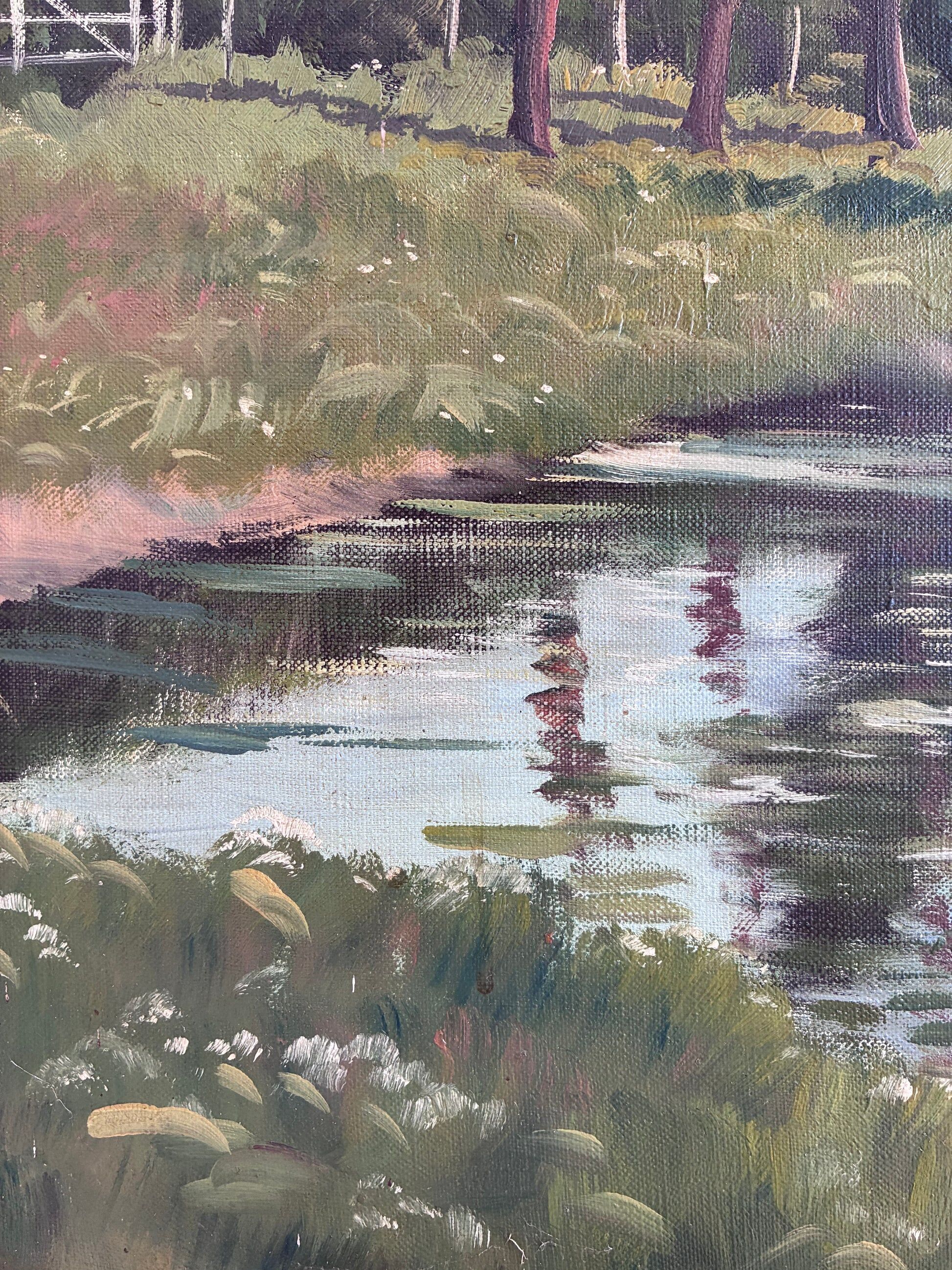 Vintage original large landscape oil painting, signed countryside art