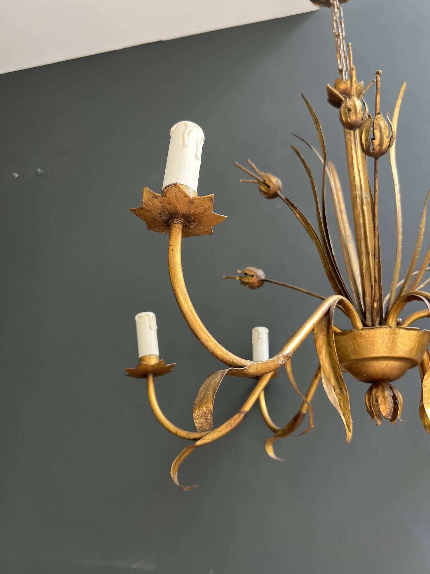 Golden Metal Chandelier with Reed Bouquet Decoration. Coco Chanel Style. Work