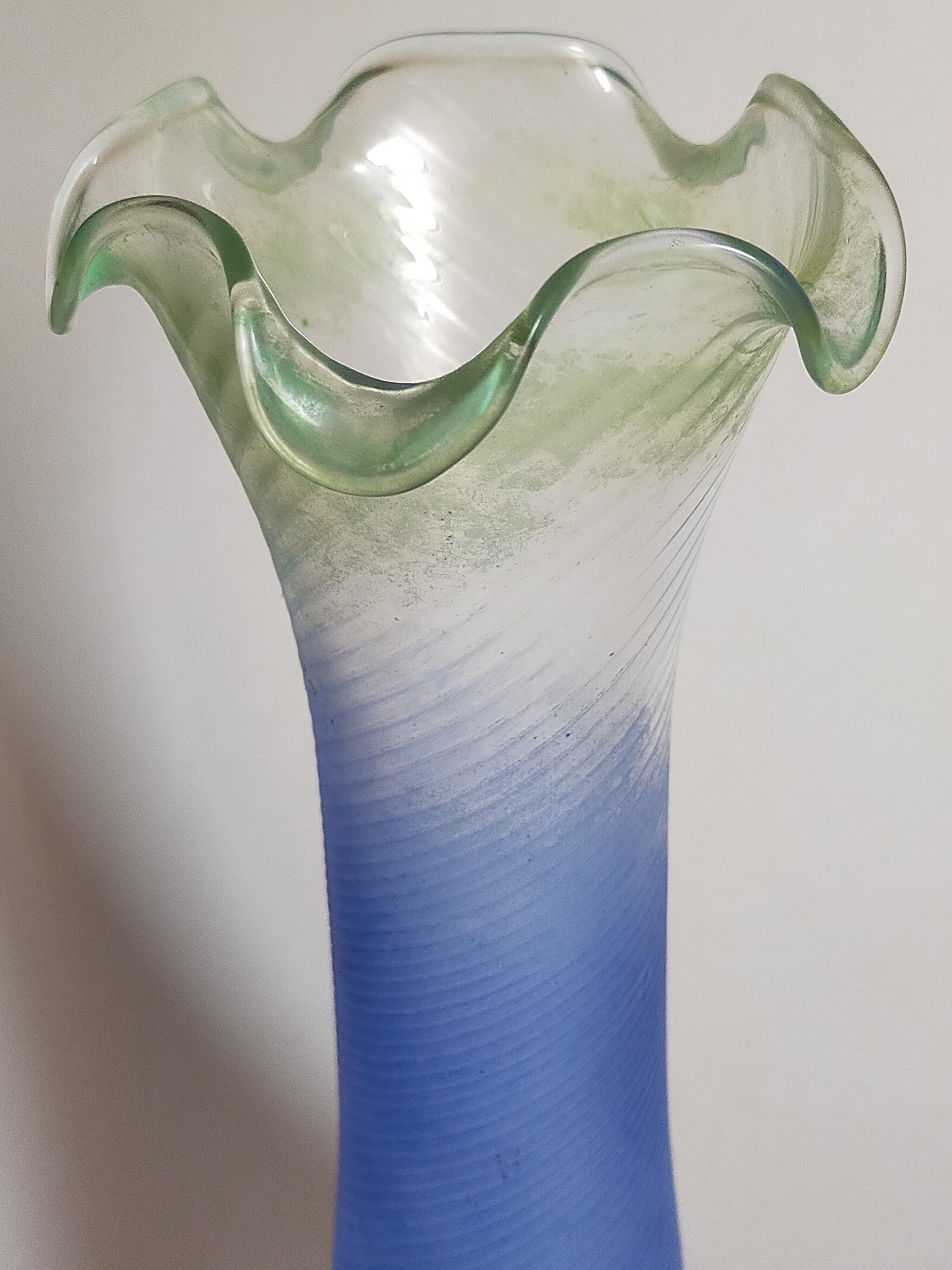 Blown glass vase frosted effect blue and vintage green