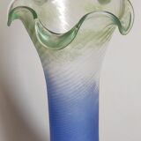 Vase en verre soufflé effet givré bleu et vert vintage