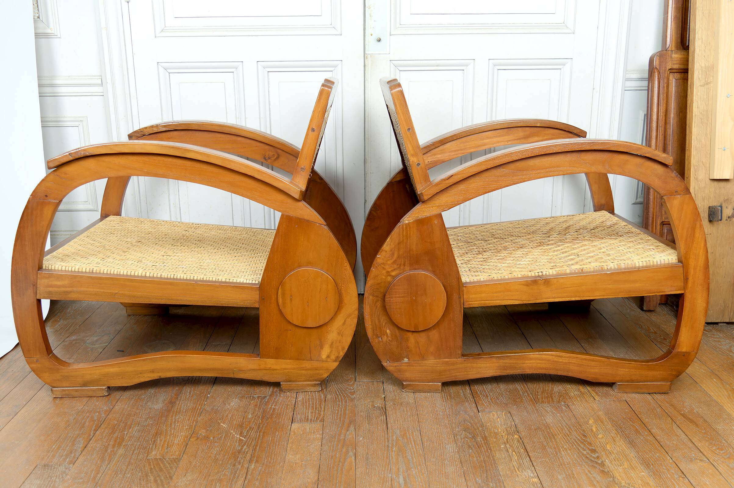 Pair of Teak Armchairs with Woven Rattan Seats, Colonial Art Deco, 1925