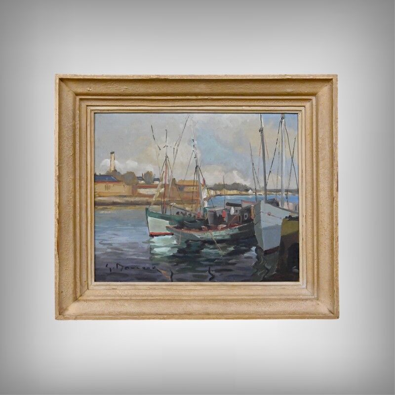 Painting "Thoniers at Dock", oil on panel, signed G. Boulard – Mid 20th century