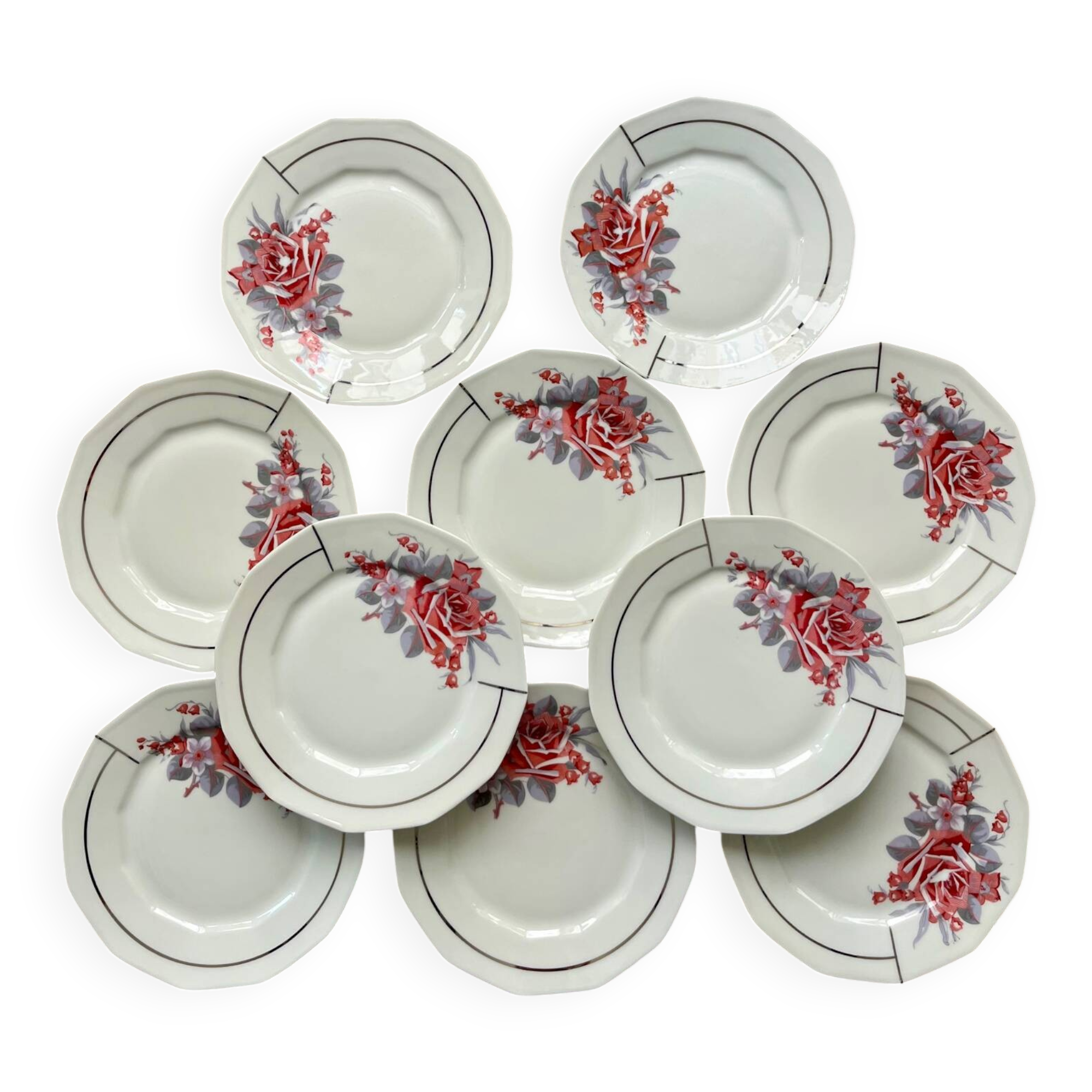 Set of 10 Art Deco porcelain dessert plates