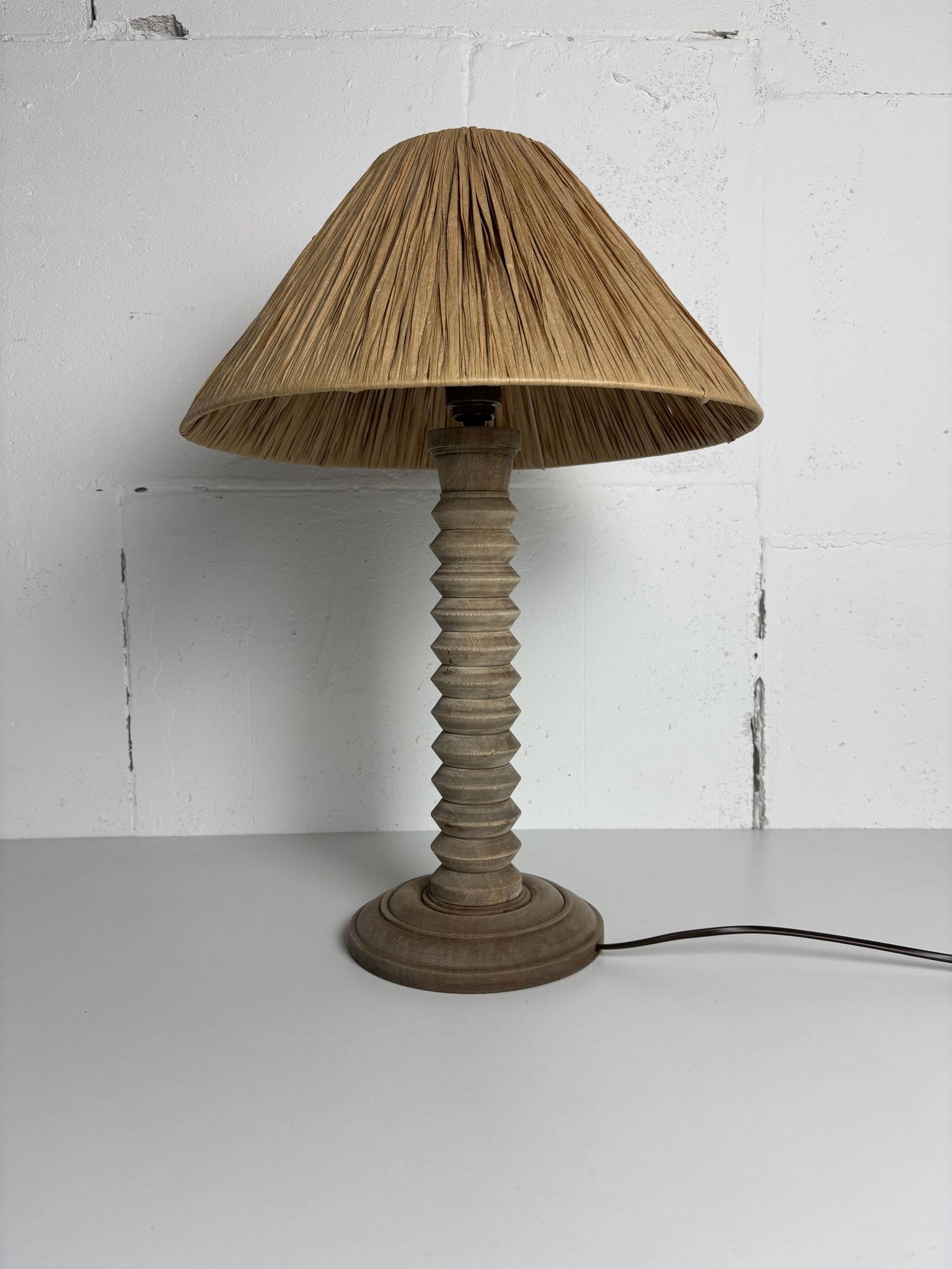 Wabi sabi brutalist wood turned table lamp in the style of Charles Dudouyt
