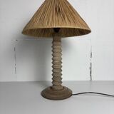 Wabi sabi brutalist wood turned table lamp in the style of Charles Dudouyt
