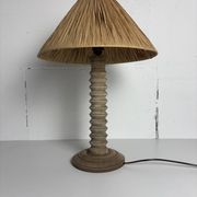 Wabi sabi brutalist wood turned table lamp in the style of Charles Dudouyt