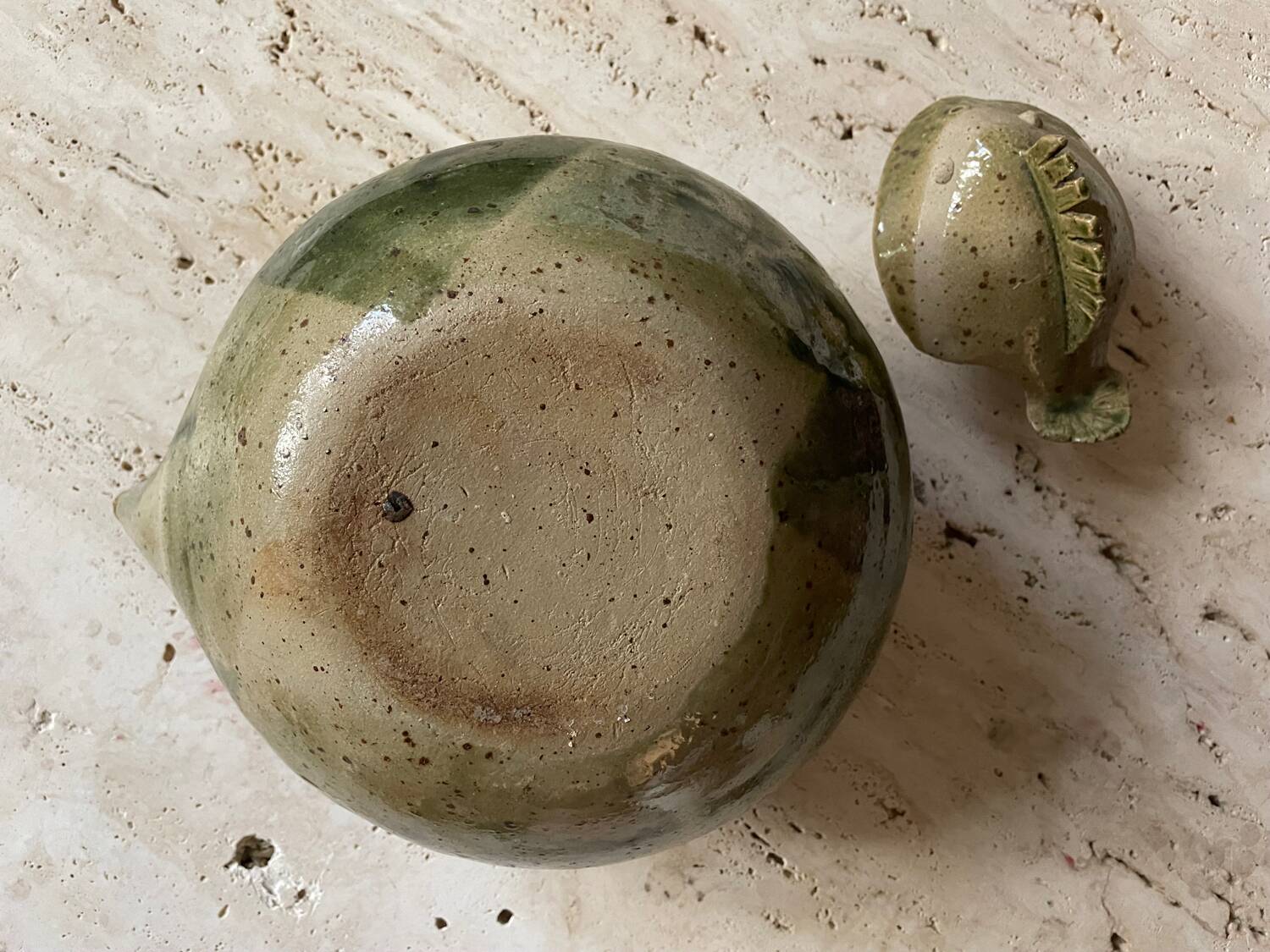 Handmade ceramic teapot with green fish and bamboo