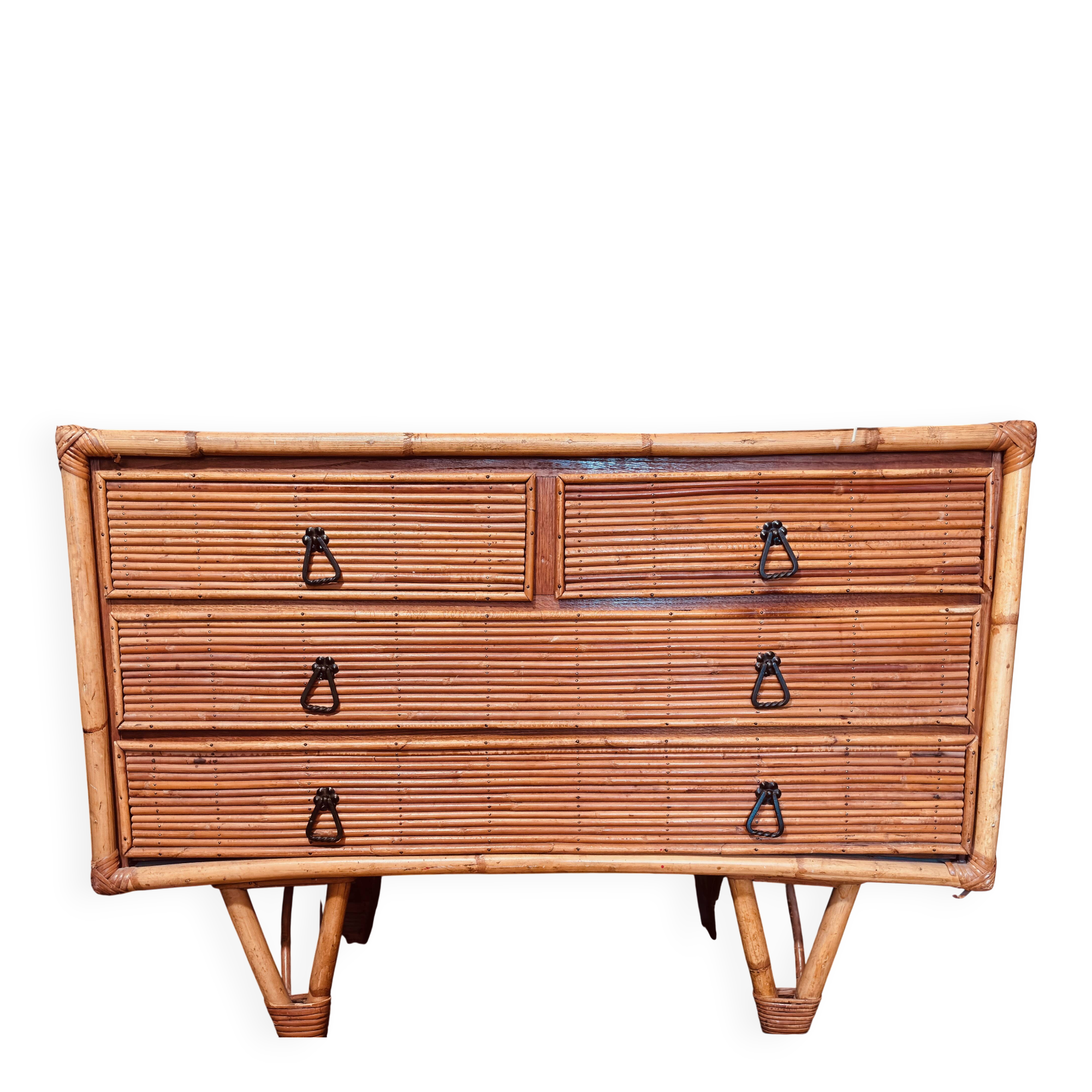 Vintage bamboo and rattan chest of drawers from the 1960s.
