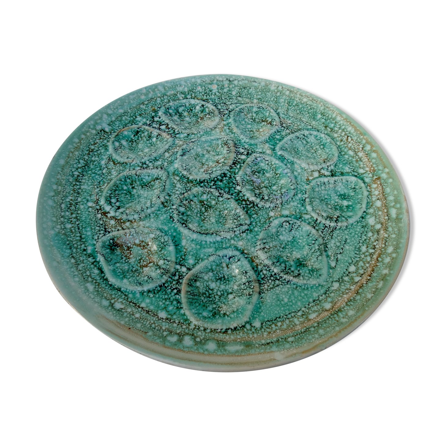 Turquoise ceramic oyster plate signed Niderviller model moss 1950 1960