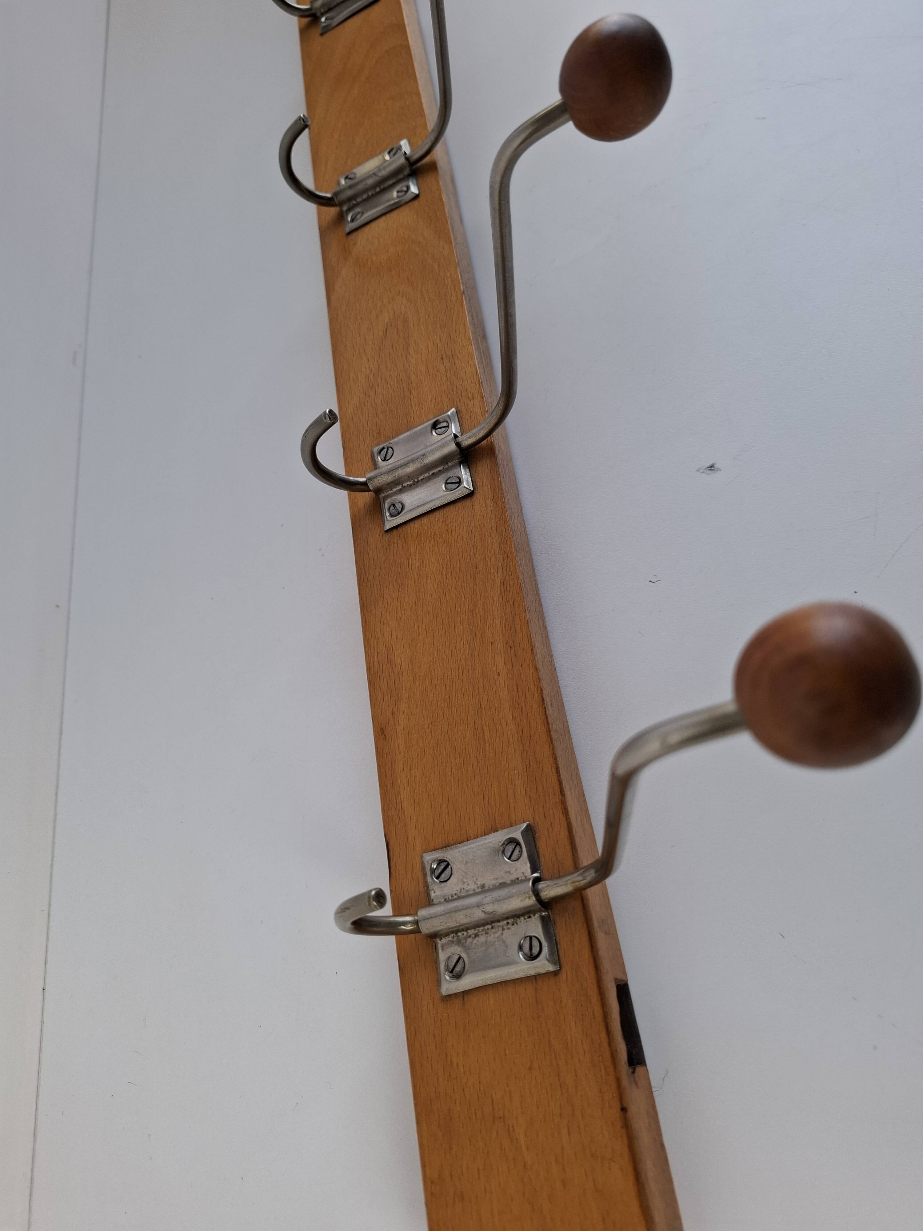 Czechoslovak Midcentury Wooden and Metal Wall Coat Rack, 1960s