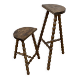 Set of 2 high and low tripod stools with turned legs, vintage plant holder, 1960s