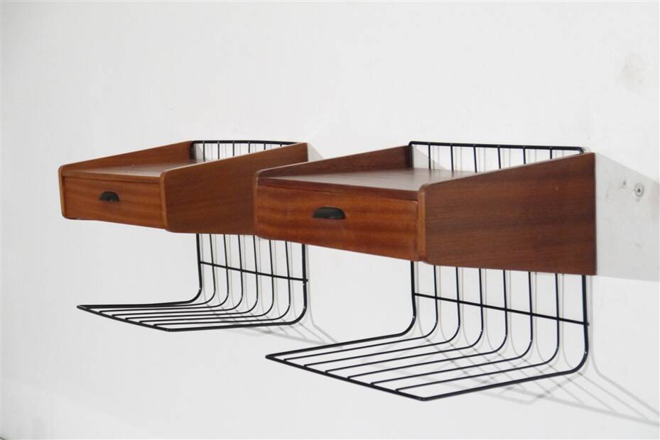 Pair of vintage Scandinavian hanging bedside tables 1960