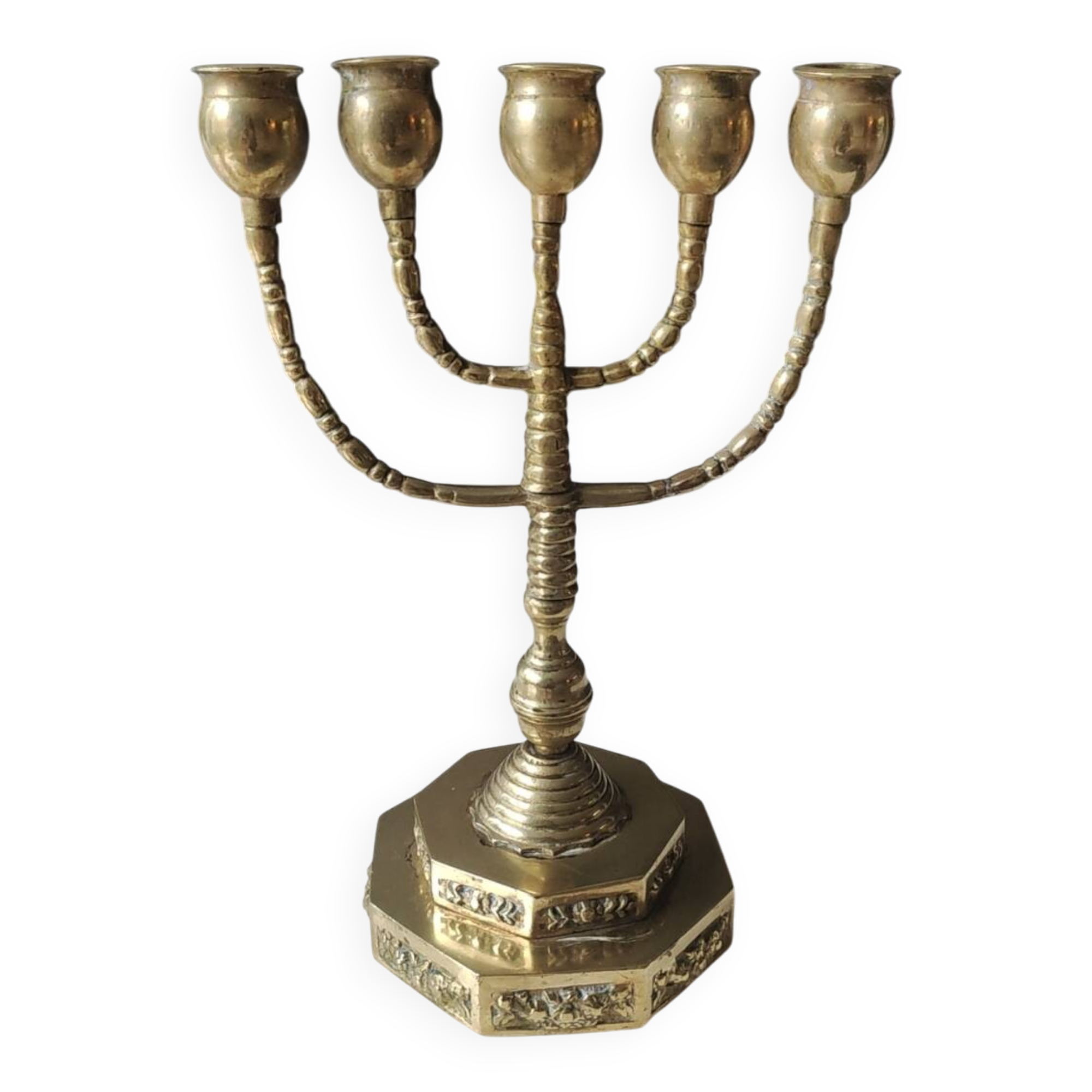 5-branched Jewish menorah/candlestick. Dedicated to mourning. In gilded bronze.