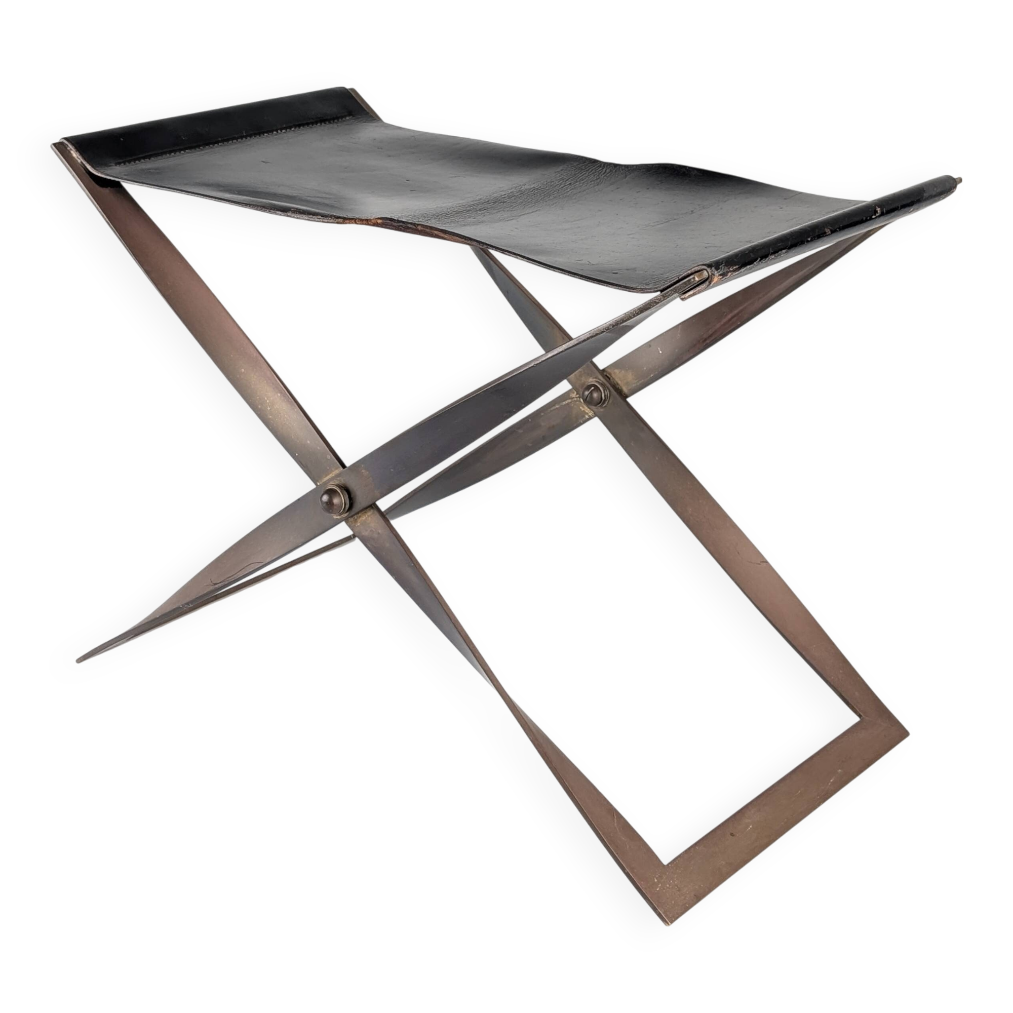 Folding Steel and Leather Stool, Denmark 1960s