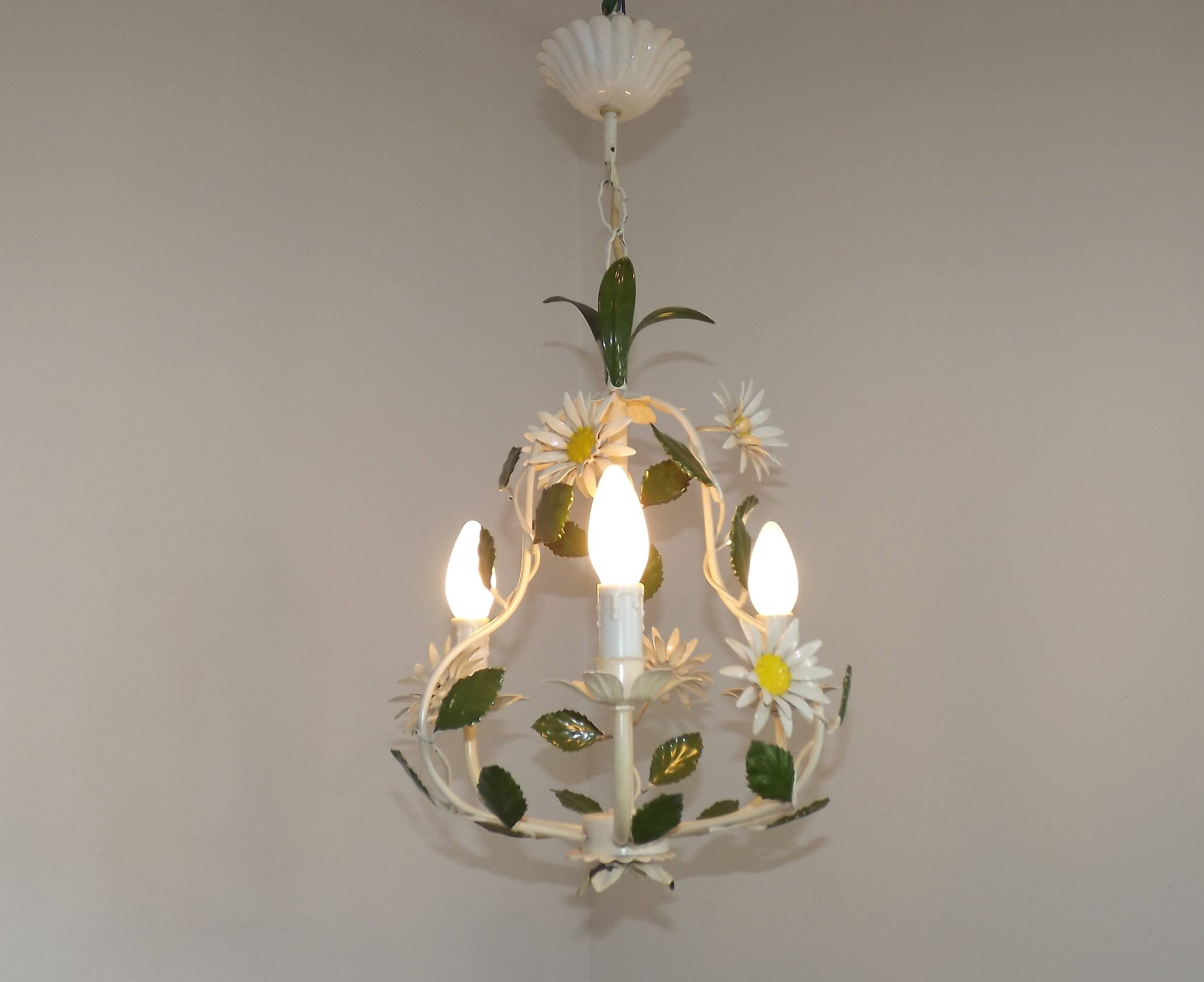 French Vintage 3 Light Daisy Flower Metal Cage Chandelier